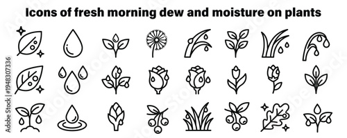 Hand-drawn icons of morning dew droplets on green leaves and flowers isolated