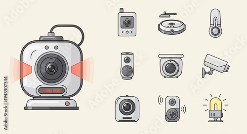 A collection of modern electronic devices, including cameras, sensors, and a robotic vacuum