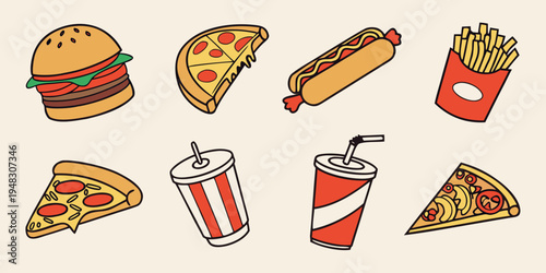 a collection of fast food items including burgers and pizza Vector