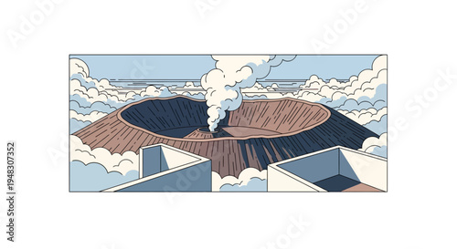 Active volcano crater with smoke plumes surrounded by clouds and foreground structures