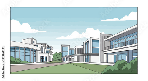 Modern white buildings with glass facades and balconies, set against a cloudy blue sky