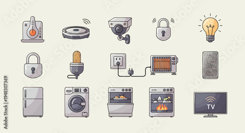 Collection of smart home appliances and security devices on a light background (1)