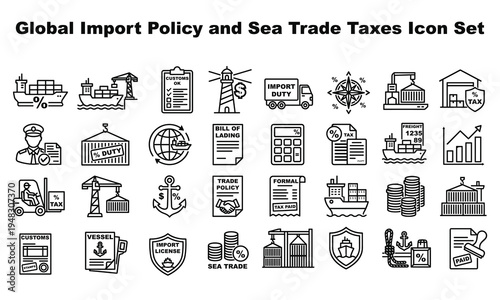 flat design global trade and import policy icons with sea freight and tax symbols