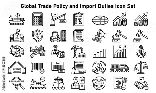 flat design global trade policy and import duties icon set for business presentations