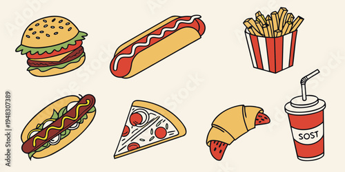 a collection of fast food items on a table Vector