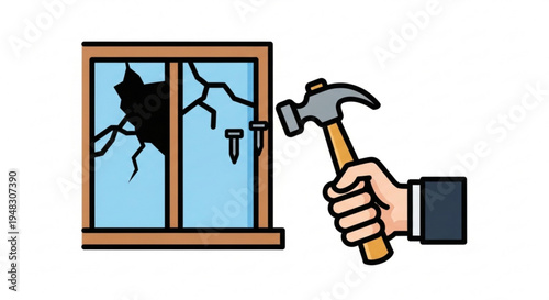 Person smashing a cracked window with a hammer destruction and repair concept