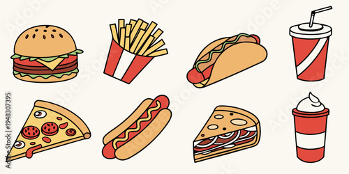 a variety of fast food items on a white background Vector