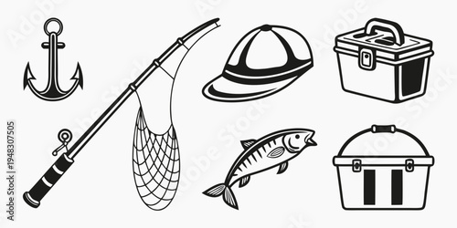 a collection of fishing gear and tackle Vector