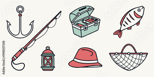 a collection of fishing gear and tools Vector