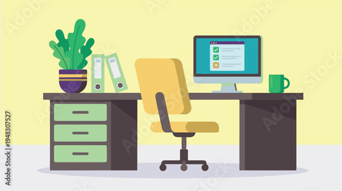 Modern office workspace with computer, plant, and filing cabinet illustration