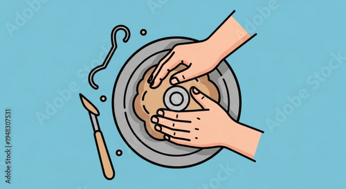 Hands shaping clay pottery on a wheel with a tool nearby illustrating the pottery making process in a creative studio