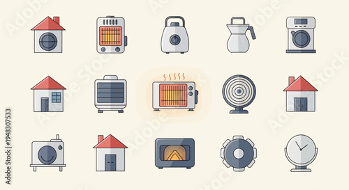 Collection of household appliances and abstract icons in a grid layout