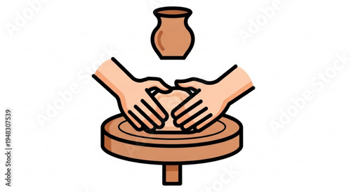 Hands shaping clay on pottery wheel creating vase