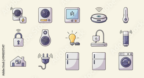 Various smart home devices and appliances depicted in a clean, modern icon style