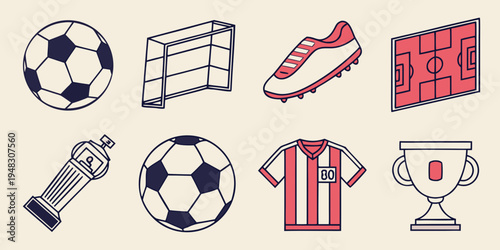 collection of soccer equipment and awards Vector