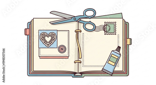 Open scrapbook with scissors glue and decorative elements on a white background illustrating a creative hobby or craft project
