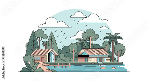Minimalist scene depicting houses by a lake with lush trees under a cloudy, rainy sky