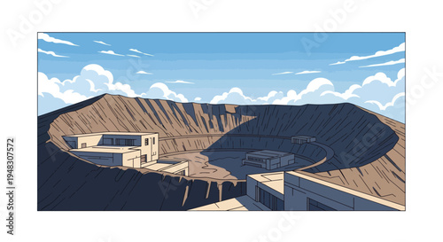 A panoramic view of a crater with modern buildings nestled within its slopes