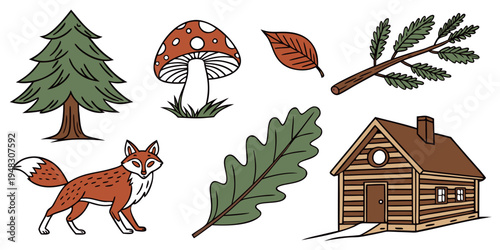 a fox walks towards a wooden cabin in the woods Vector