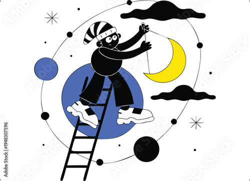 Dreamer Climbing Ladder to Reach Moon in Space Illustration isolated on transparent background