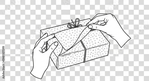 Two hands wrapping a gift box with ribbon and bow on transparent background