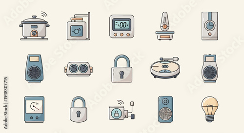 A collection of illustrated household and smart home devices