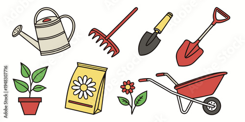 a collection of gardening tools and supplies Vector