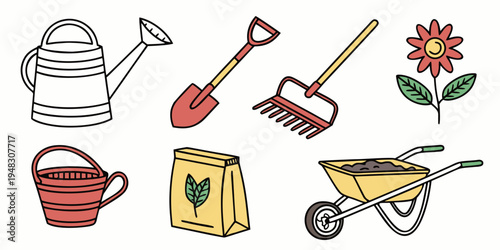 a collection of gardening tools and supplies Vector