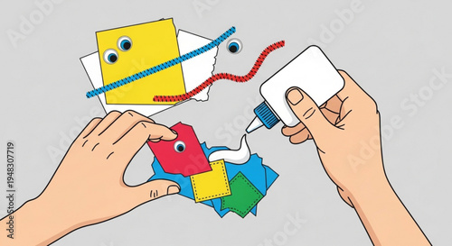 Hands assembling colorful paper collage with glue crafting creative art project with mixed materials