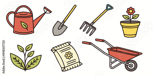 a collection of gardening tools and plants Vector