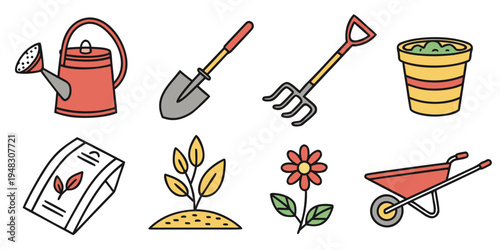 a set of gardening tools and icons Vector