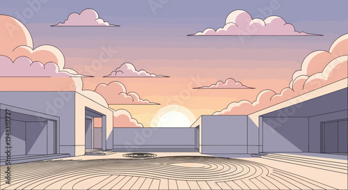 Serene courtyard with swirling sand patterns under a pastel sky at sunset