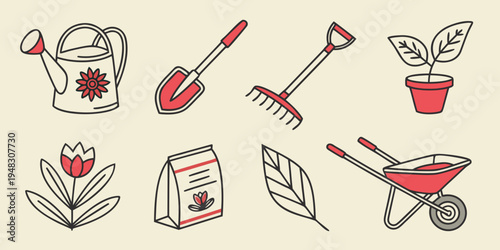 a collection of gardening tools and plants Vector