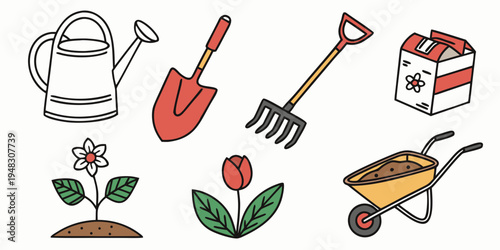 a collection of gardening tools and plants Vector