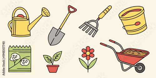 a collection of gardening tools and plants Vector