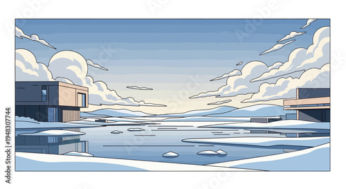 Modern buildings overlook a serene winter landscape with a partially frozen lake