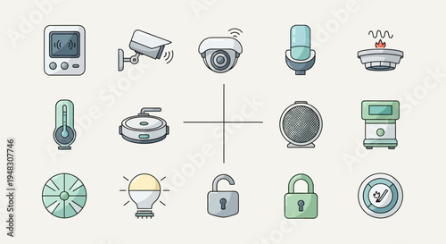 Collection of icons representing smart home devices and security features (1)