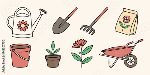 a collection of gardening tools and plants Vector