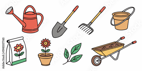 a collection of gardening tools and plants Vector