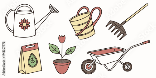 a collection of gardening tools and supplies Vector