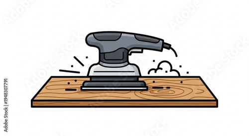 Electric sander on a wooden plank with motion lines illustrating a power tool in action for woodworking and diy projects