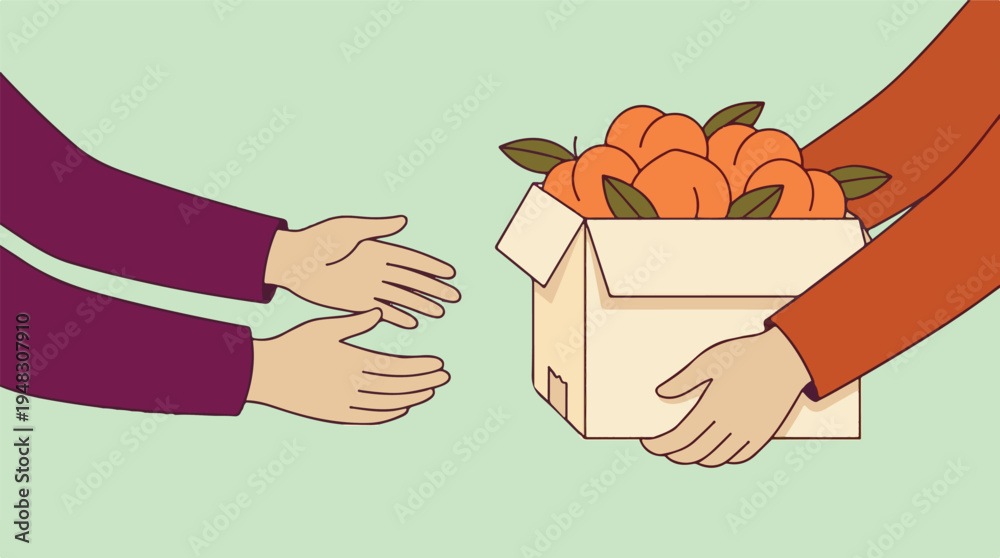 © StockStudio - Illustration of hands exchanging a box of fresh peaches or oranges © StockStudio - Illustration of hands exchanging a box of fresh peaches or oranges