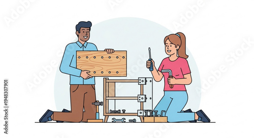 Man and woman assembling furniture together with tools and parts