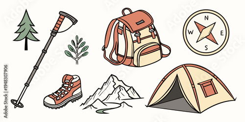 a camping gear set including tent and backpack Vector