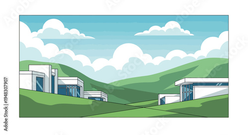 Sleek modern houses nestled in lush green hills under a cloudy sky