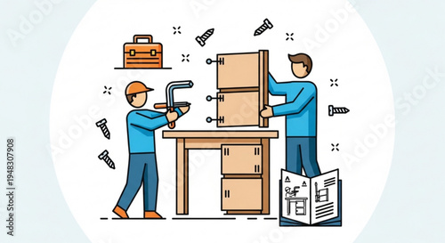 Two workers assembling furniture with tools and instructions on a workbench in a workshop