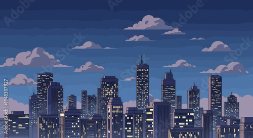 Stylized urban skyline at dusk with illuminated buildings and clouds