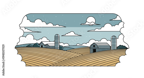 Stylized farm with barns, silos, fields, and a moonlit sky
