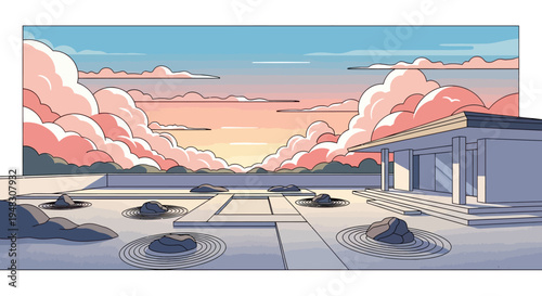 Zen garden with minimalist architecture at sunset, pink clouds abound