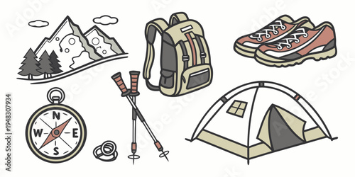 hiking and camping equipment icons Vector